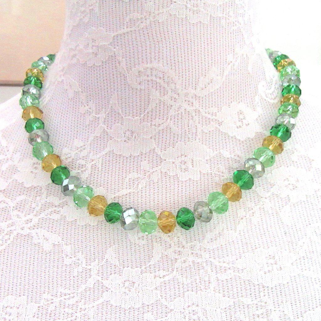 Green, Yellow & Smokey Gray Faceted Glass Bead Necklace - Mid Century Revival